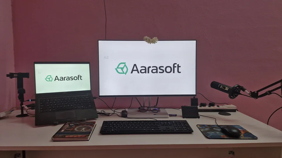 Aarasoft Academy teaching desk in Tirupur, with the academy logo on the laptop and monitor