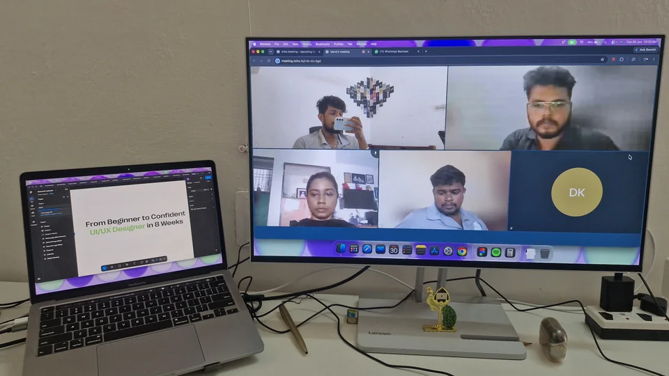 Live online UI/UX design class at Aarasoft Academy Tirupur, with students on video and an 8-week beginner course slide