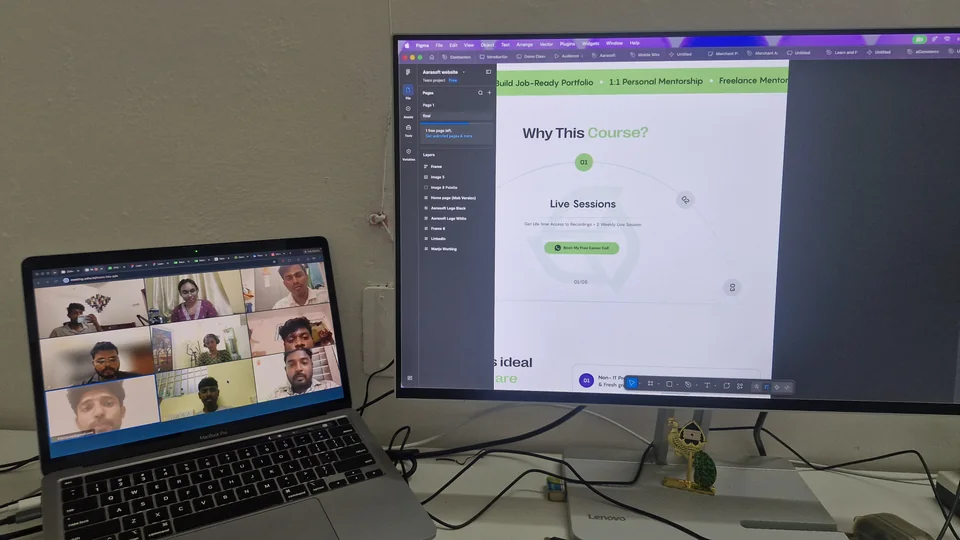 Live online UI/UX class at Aarasoft Academy teaching Figma, with students on a video grid