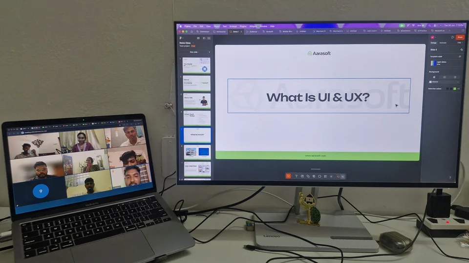 Live online UI/UX design class at Aarasoft Academy Tirupur explaining what UI and UX are
