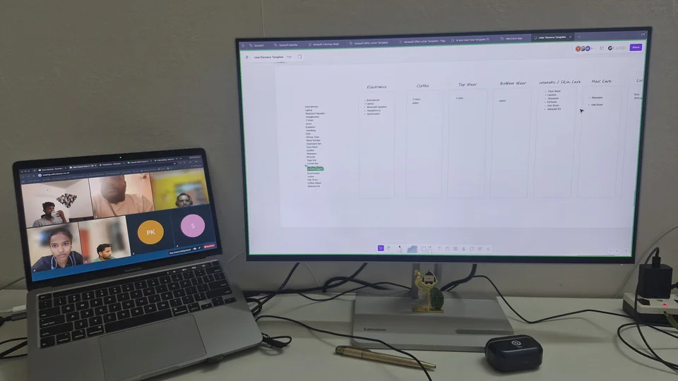 Live online UI/UX class at Aarasoft Academy Tirupur, with students doing a user persona and card-sorting activity